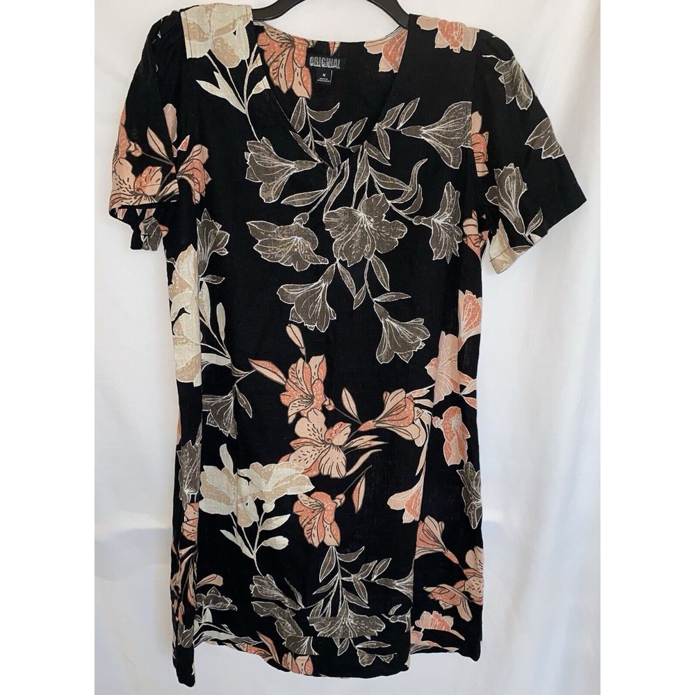 Nicole Miller Dress Womens MediumBlack Floral Shift V-neck Loose Fit Linen Blend